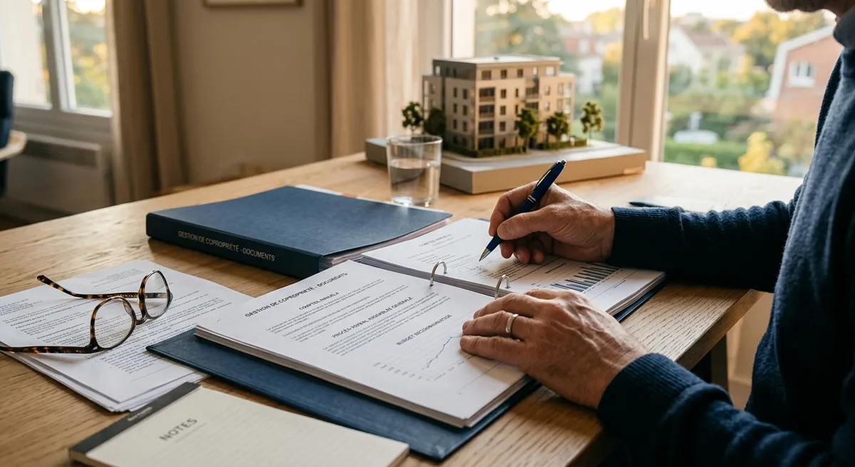 Un copropriétaire examine des documents de gestion de copropriété sur un bureau