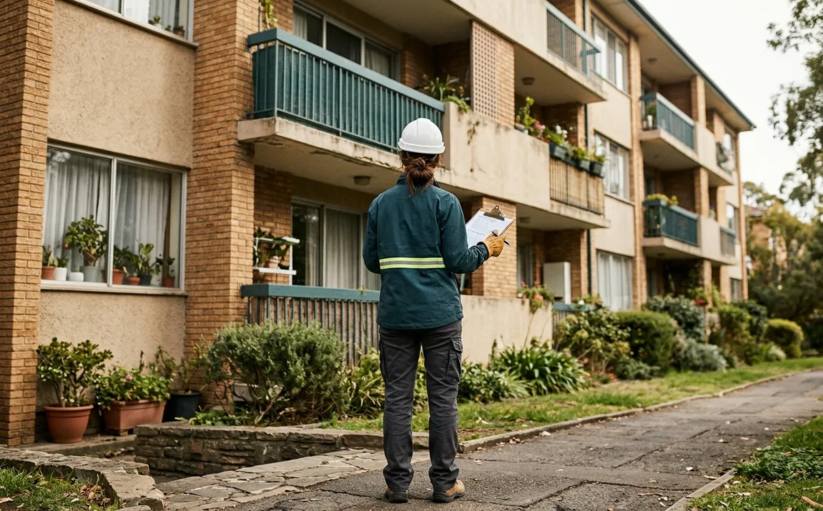 Technicien réalisant le diagnostic technique global d'un immeuble