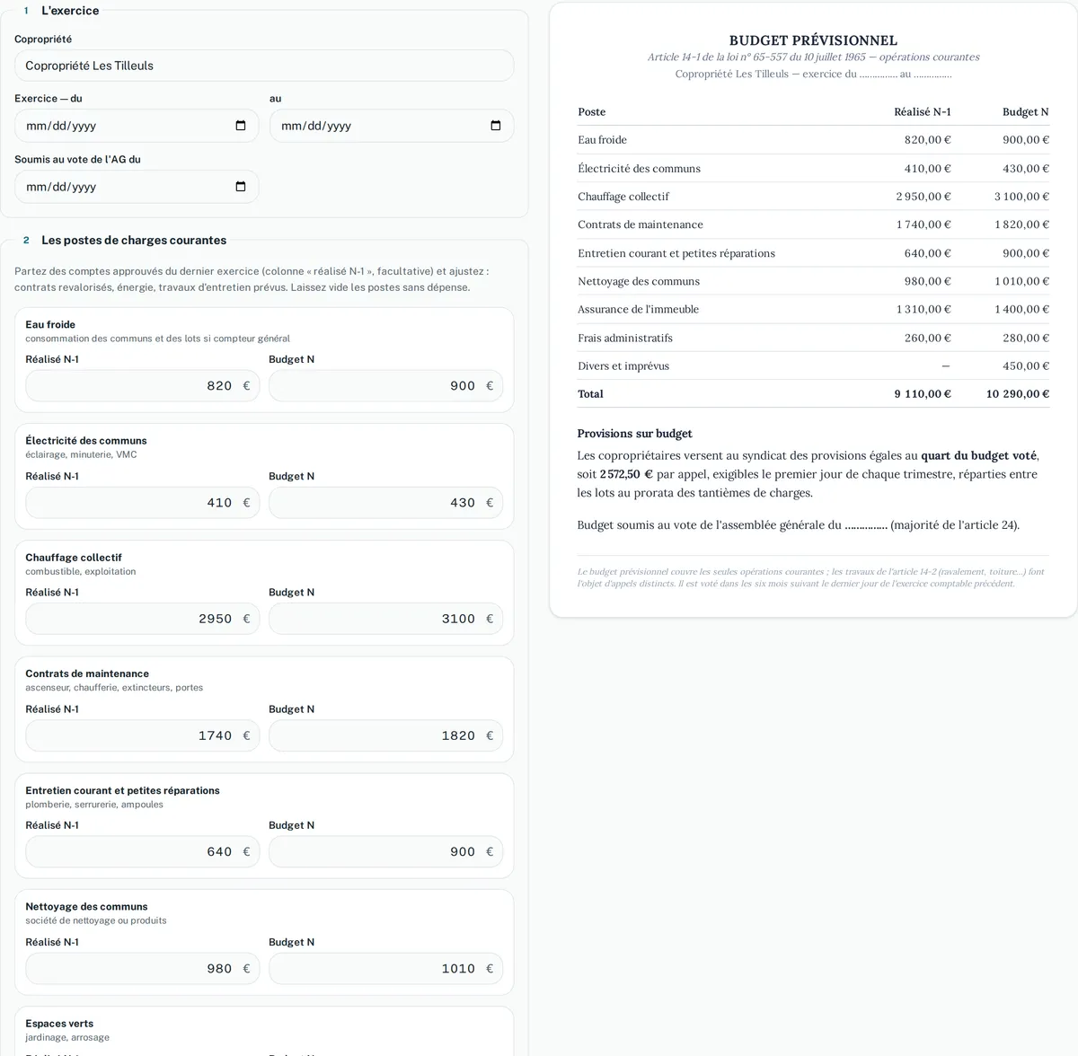 Le constructeur de budget prévisionnel annoté, avec un exemple rempli