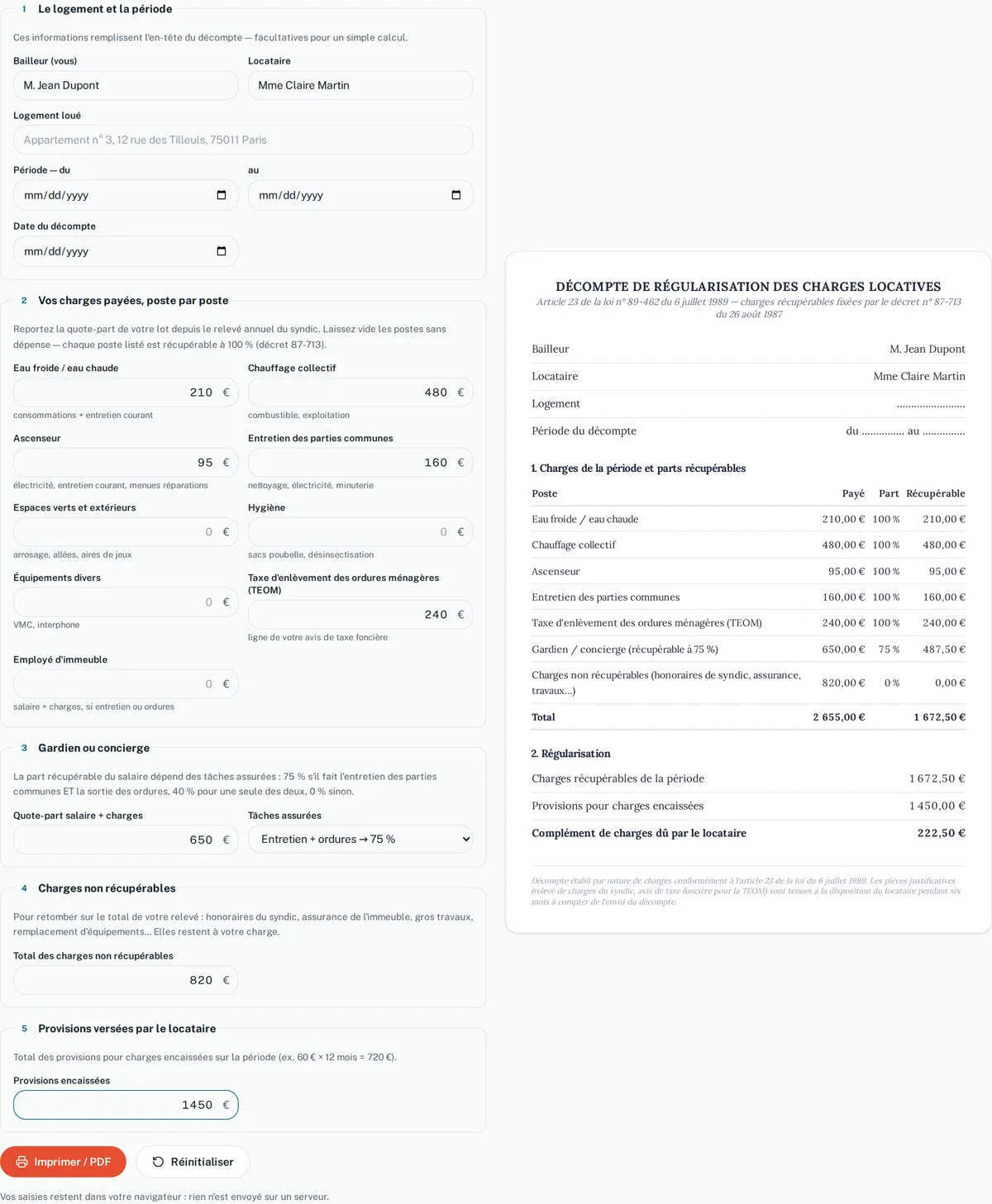 Le calculateur de charges récupérables annoté, avec un décompte rempli en exemple